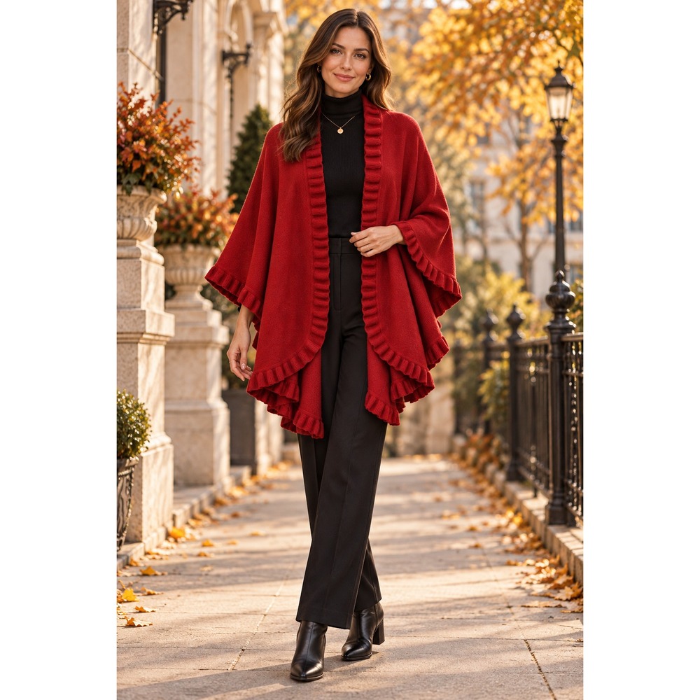 Saks Fifth Avenue Red Merino|Angora Wool Ruffled Shawl Flowy Made inScotland
